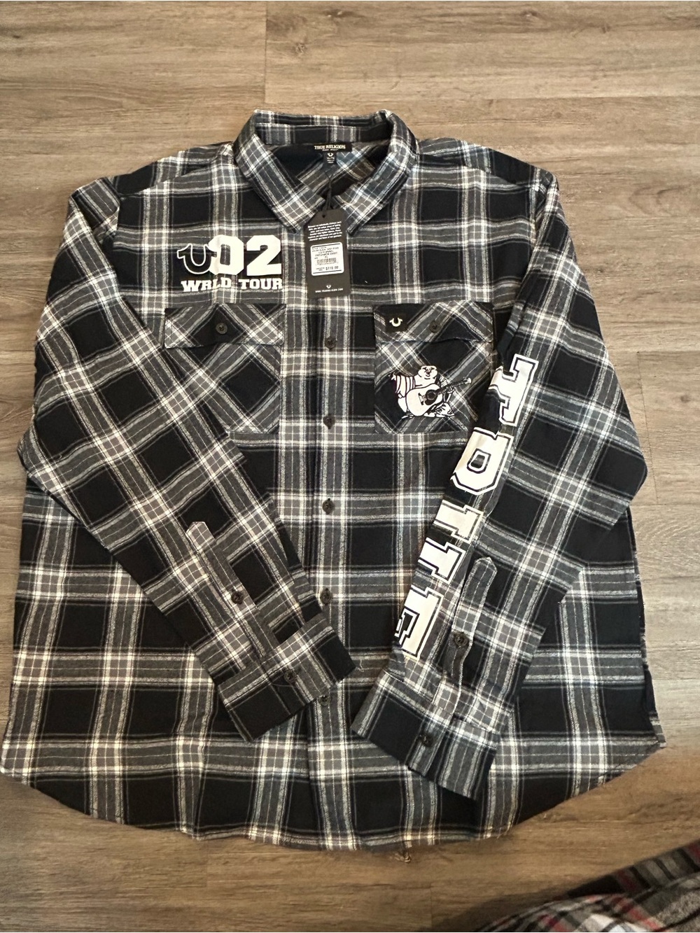 True Religion Black & Gray Plaid Button-Down Shirt with Sleeve Graphics